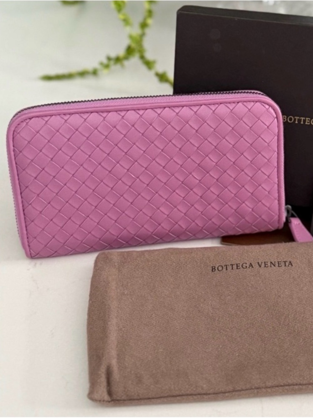 Bottega Veneta Pink Intrecciato Zip Wallet
